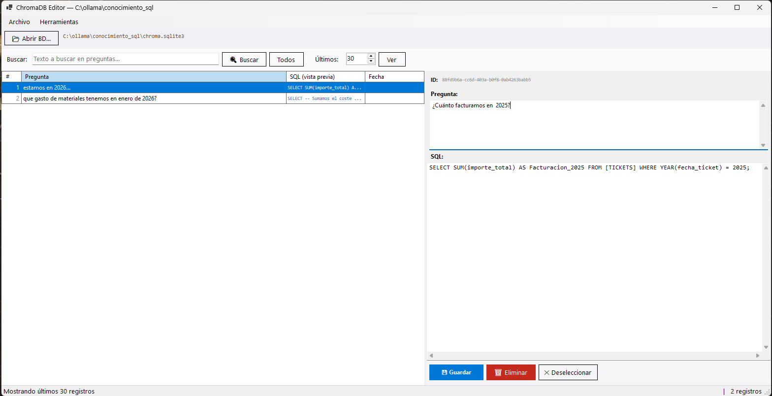 Ventana principal del ChromaDB Editor mostrando la lista de registros a la izquierda y el panel de edición a la derecha