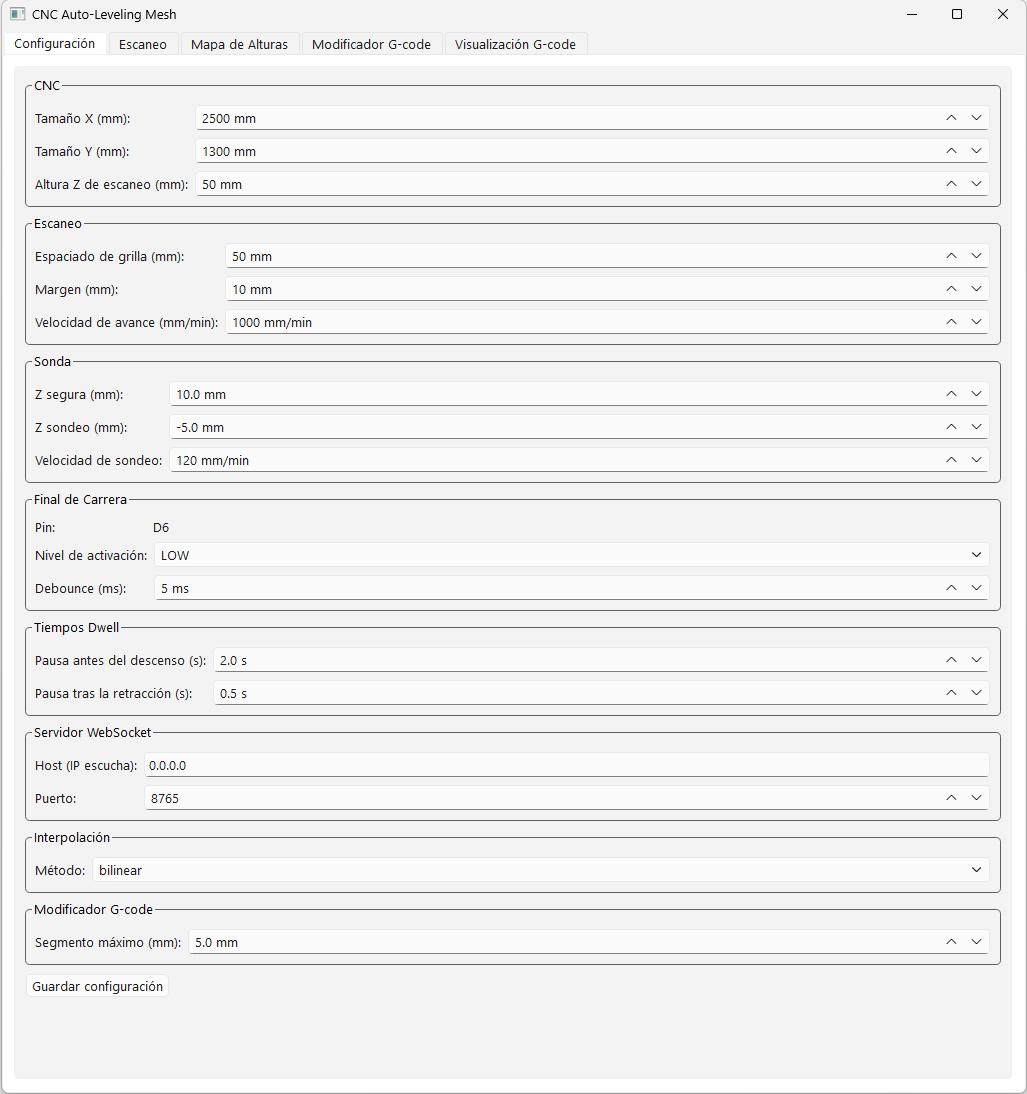 Pantalla de configuración de CNC Auto-Leveling Mesh: dimensiones CNC, parámetros de escaneo, sonda BLTouch, final de carrera, WebSocket y configuración de interpolación