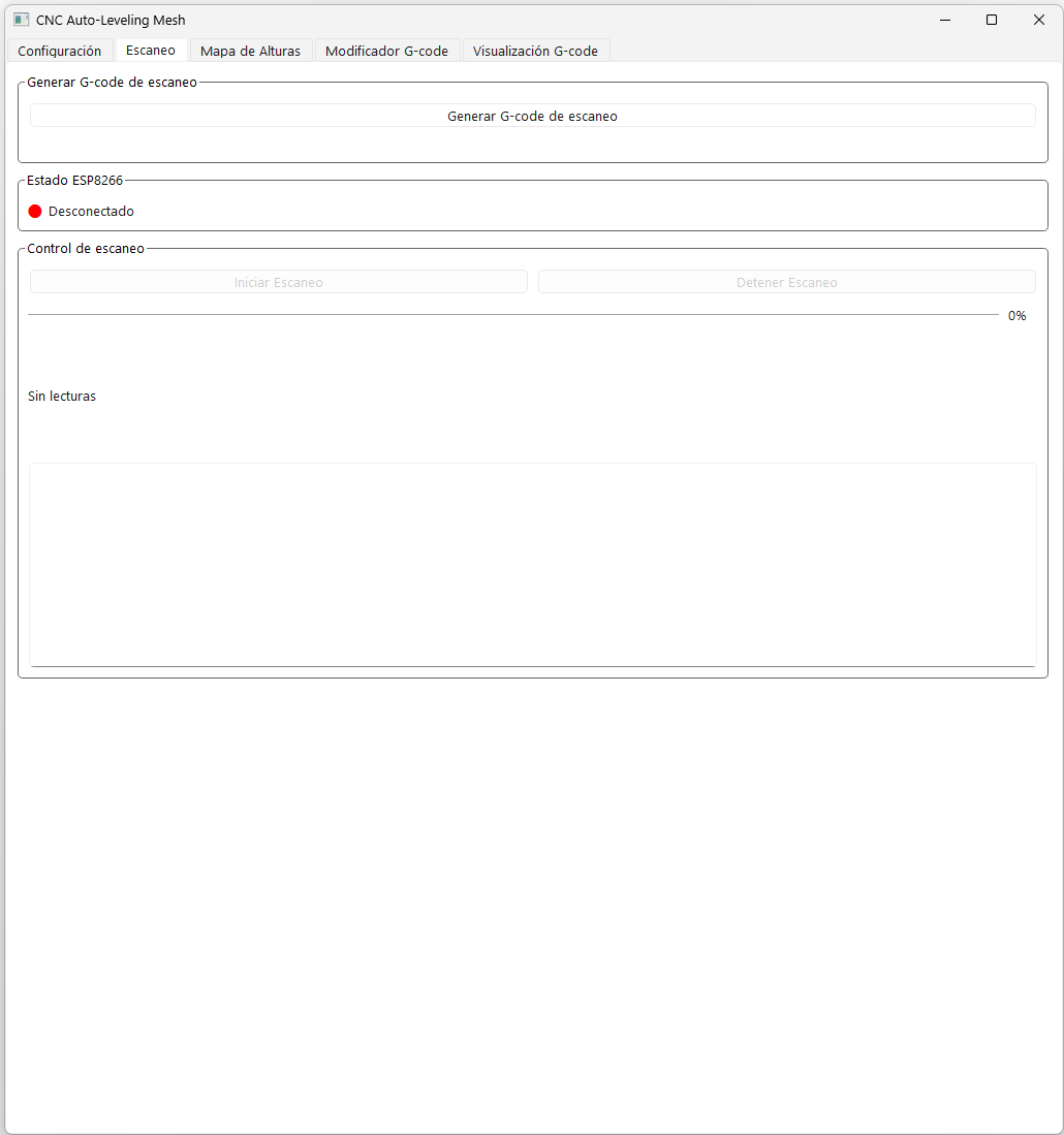 Pantalla de escaneo: botón generar G-code, estado ESP8266 conectado/desconectado, control de inicio y parada del escaneo con barra de progreso