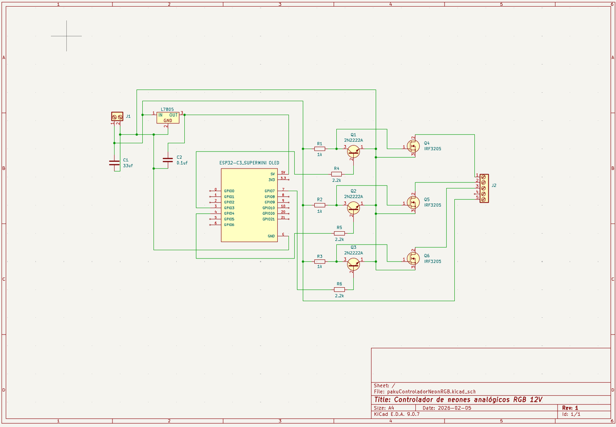 Esquemático KiCad: ESP32-C3 SuperMini, tres etapas 2N2222A + IRF3205, regulador L7805 y condensadores de filtrado