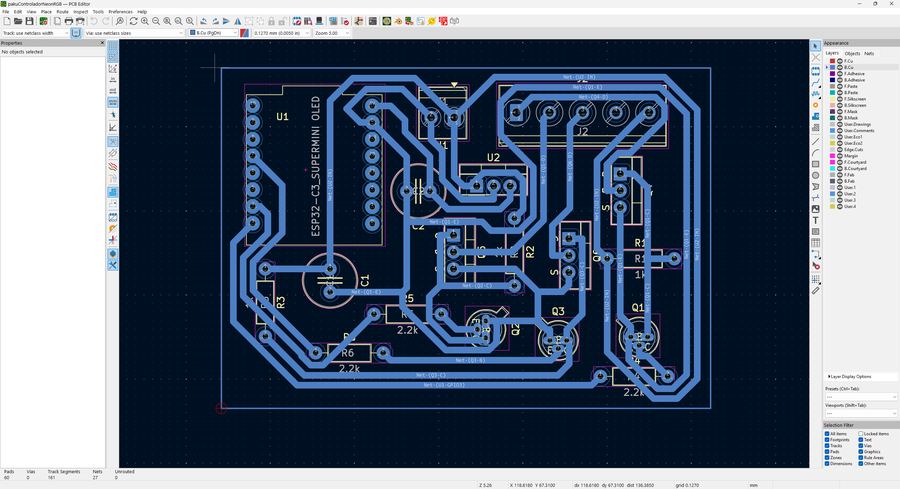 Layout de la PCB en KiCad: capa de cobre trasera, pads through-hole, contorno de placa