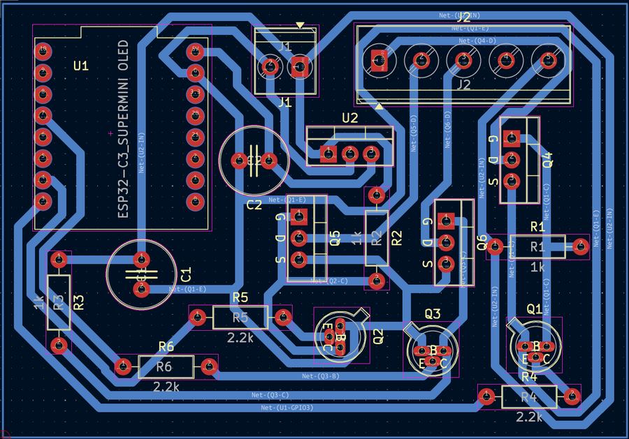 Vista 3D de la PCB en KiCad con todos los componentes posicionados
