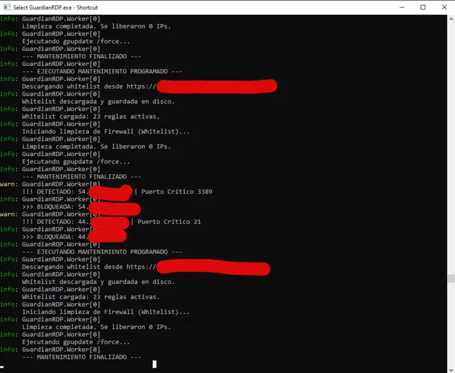 Ventana principal de GuardianRDP mostrando el log de IPs bloqueadas en tiempo real
