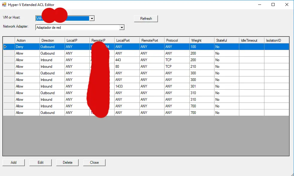 Ventana principal del Hyper-V ACL Editor mostrando la lista de reglas con sus columnas: Action, Direction, LocalIP, RemoteIP, puertos, protocolo, peso, stateful, idle timeout e isolation ID