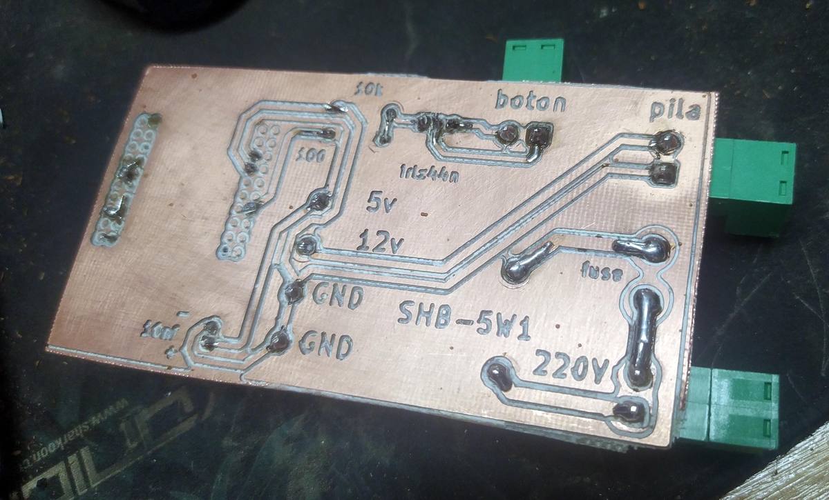 PCB soldada con todos los componentes: IRLZ44N, borniers verdes en los bordes, puntos de soldadura limpios