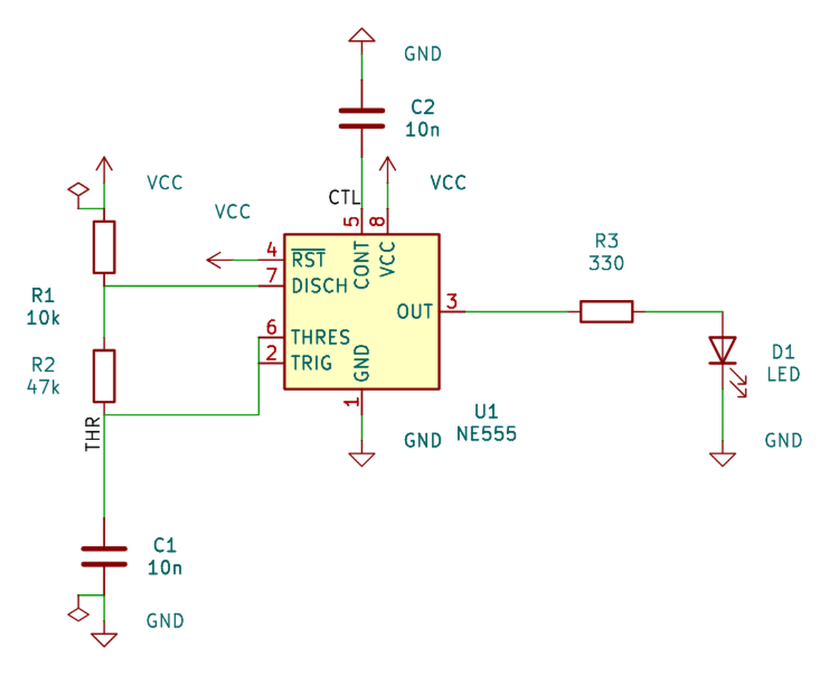 Automatically generated KiCad schematic of an NE555 astable multivibrator: 10k and 47k timing resistors, 10n timing capacitor, control-pin capacitor, LED with a 330 ohm series resistor and VCC and GND power symbols