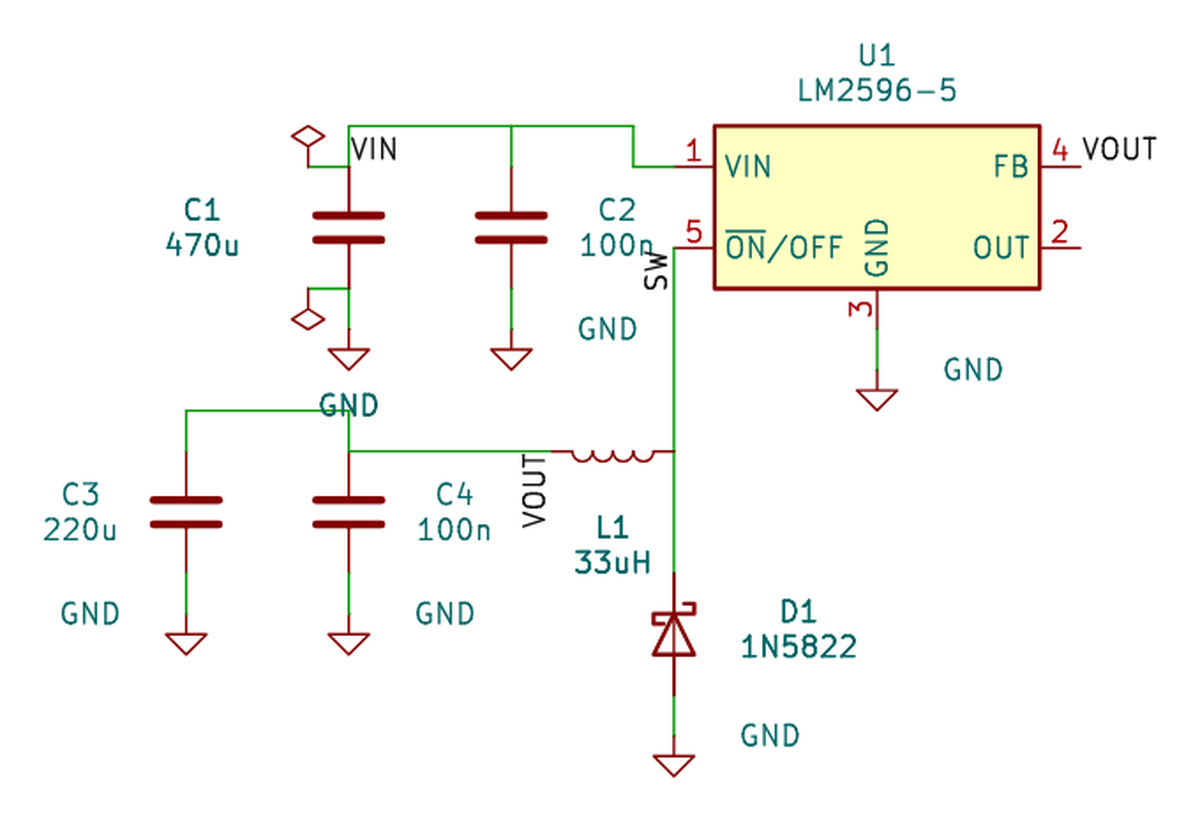 Automatically generated KiCad schematic of an LM2596 switching buck converter: 470u and 100n input capacitors, 33uH inductor, 1N5822 Schottky diode, 220u and 100n output capacitors and feedback to the FB pin