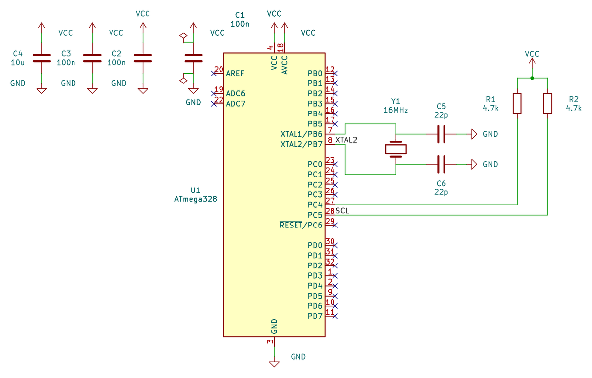 Automatically generated KiCad schematic of an ATmega328 board: 16 MHz crystal with its load capacitors, four decoupling capacitors on the supply, 4.7k pull-up resistors on the I2C bus and ground symbols at every return point