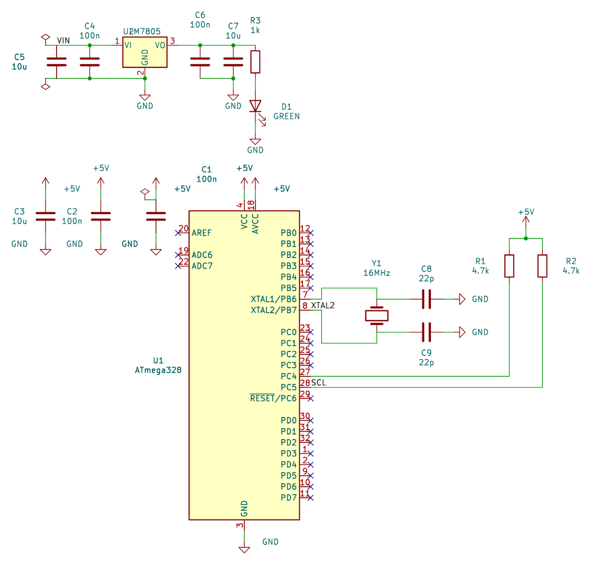 Automatically generated KiCad schematic of a complete board with voltage regulator, microcontroller, decoupling capacitors, connectors and LEDs, with signals organised into functional blocks