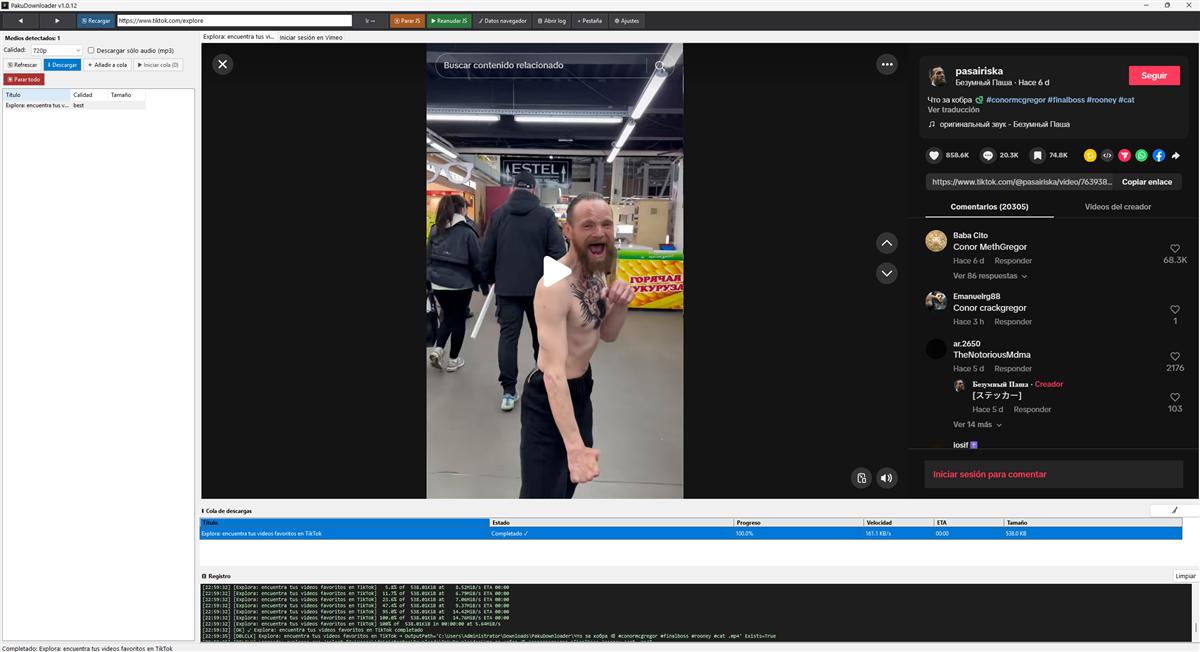 PakuDownloader con TikTok abierto en el navegador integrado — el vídeo se ha detectado automáticamente y la descarga ha completado