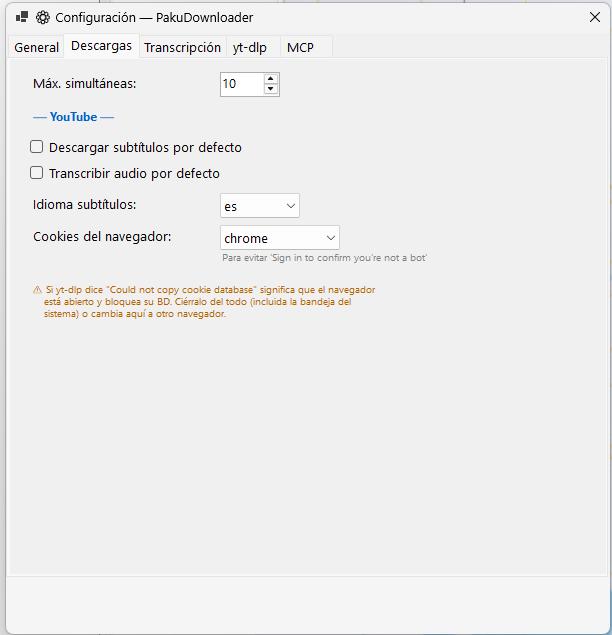 Pestaña Descargas — máx. simultáneas, subtítulos por defecto, transcribir por defecto, cookies del navegador