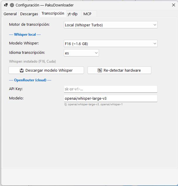 Pestaña Transcripción — motor Local Whisper Turbo con modelo F16 instalado en CUDA, y OpenRouter como alternativa cloud