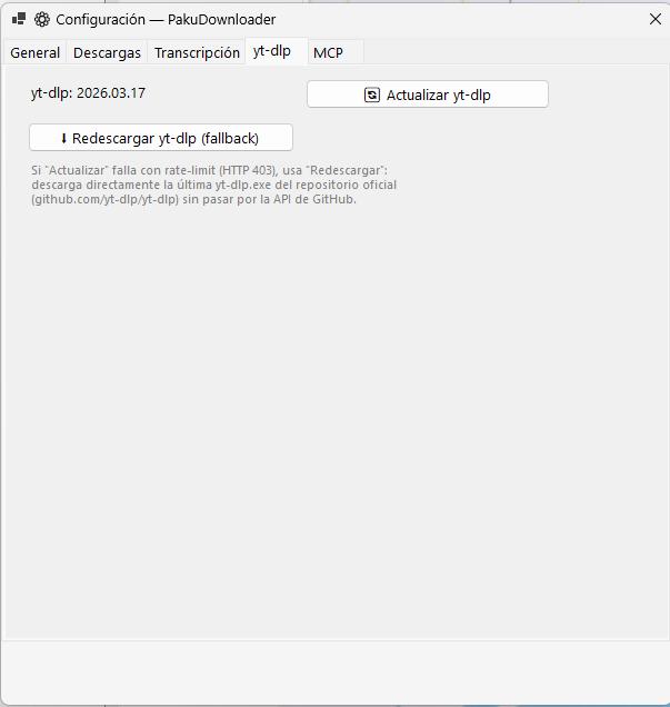 Pestaña yt-dlp — versión instalada, botón actualizar y botón redescargar fallback directo desde GitHub