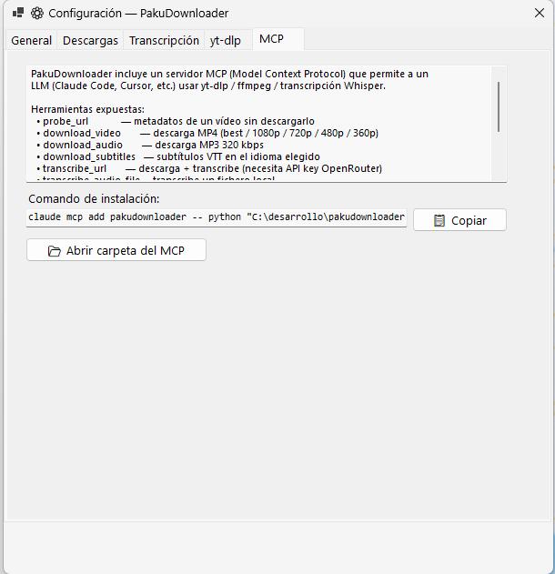 Pestaña MCP — descripción del servidor MCP, lista de herramientas expuestas y comando de instalación en Claude Code