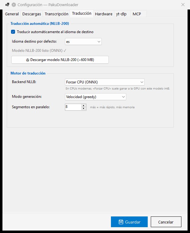 Translation tab — NLLB-200 with target language, backend, generation mode and parallel segments