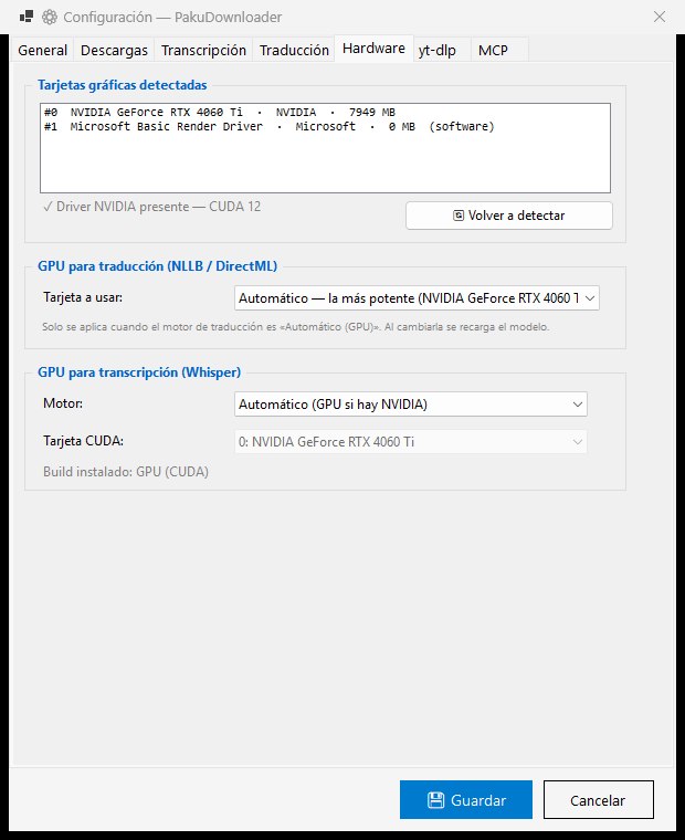 Hardware tab — list of detected graphics cards and GPU picker for translation and transcription