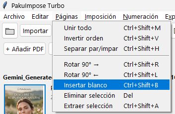 PakuImpose Pages menu: merge PDF, reverse order, split odd/even, rotate, insert and extract pages with shortcuts