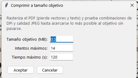 Dialog to compress a PDF to a target size in megabytes