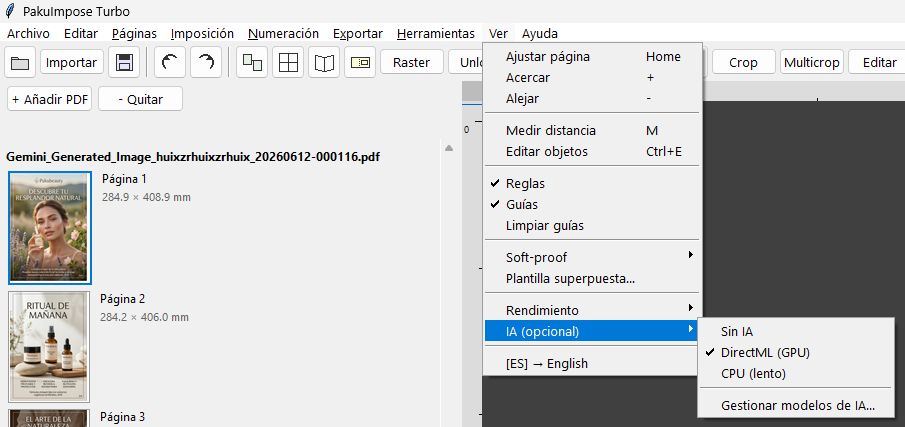 PakuImpose View menu with fit page, zoom in, zoom out, measure, edit objects, rulers, guides, soft-proof and template overlay