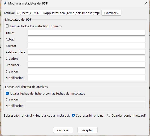 Dialog to edit PDF metadata: title, author, subject and keywords