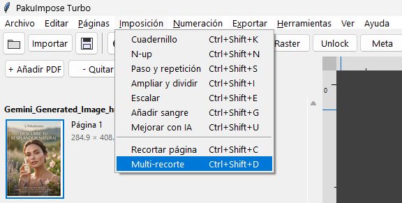 PakuImpose Impose menu with each operation and its keyboard shortcut: booklet, n-up, step and repeat, scale, bleed, crop and multicrop