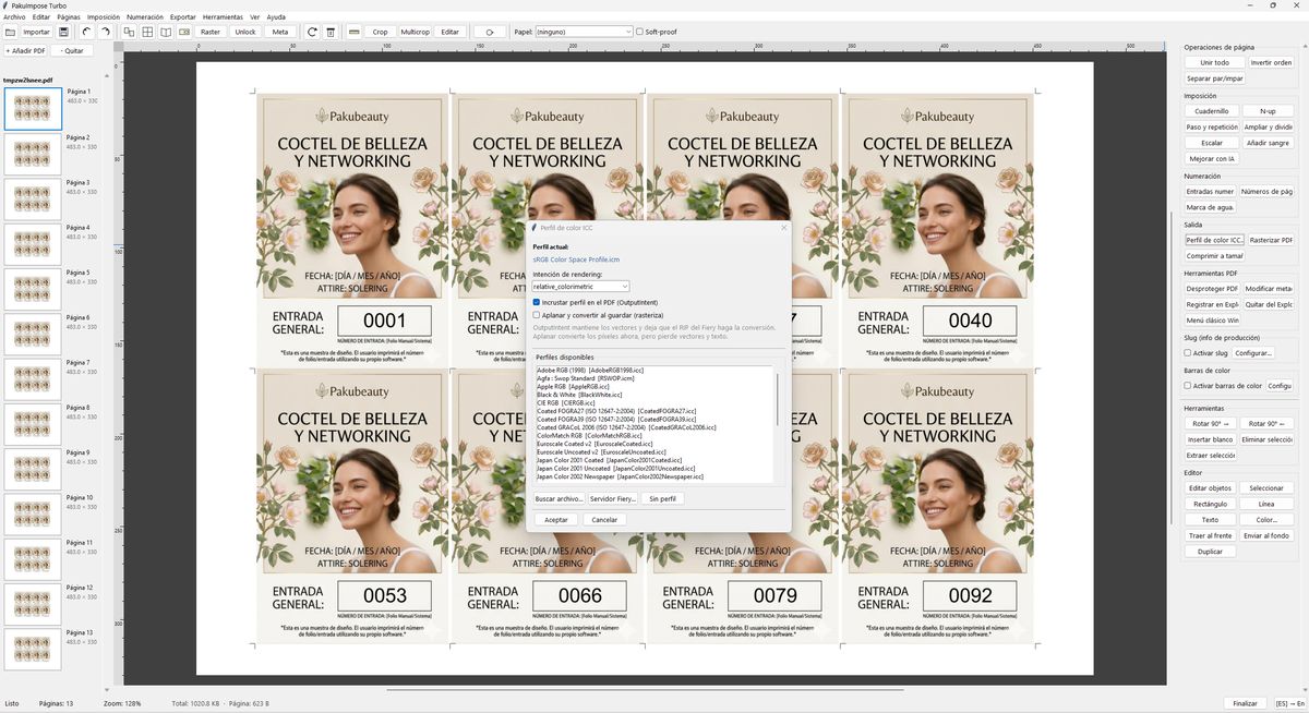 PDF ICC color profile dialog for soft-proof and output tagging