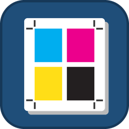 Logo de PakuImpose, software de imposición de PDF para imprenta: una hoja con cuatro bloques en cuatricromía CMYK y marcas de corte