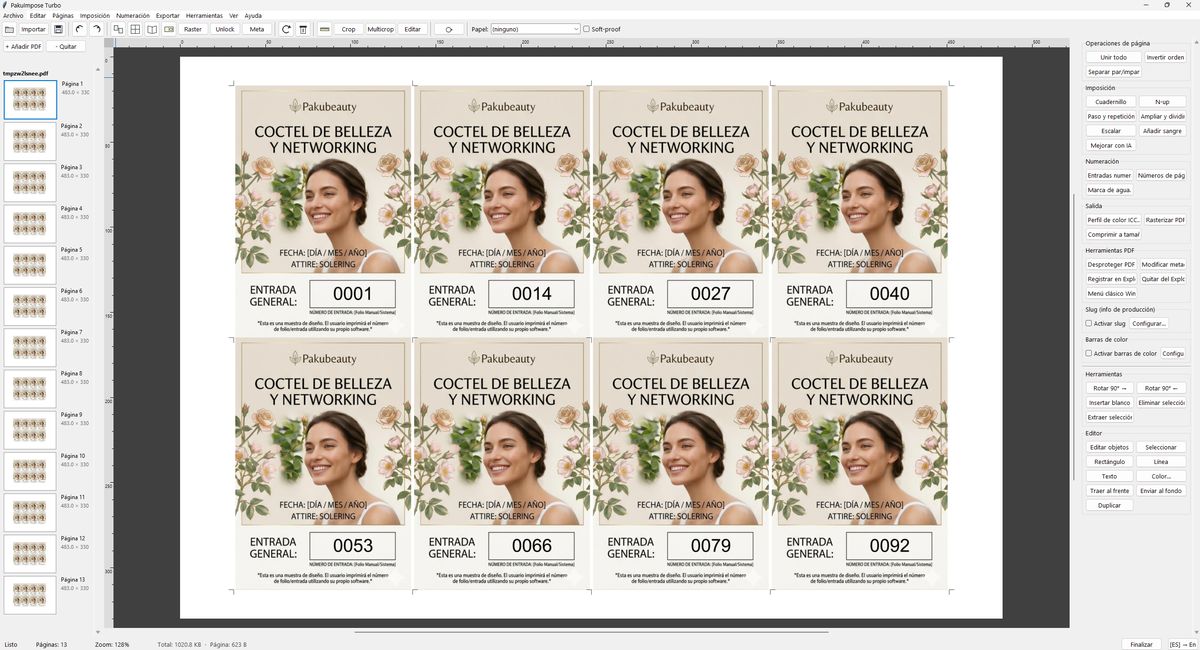 PakuImpose PDF imposition software with an n-up sheet of numbered tickets: toolbar, page list with thumbnails, canvas and operations panel