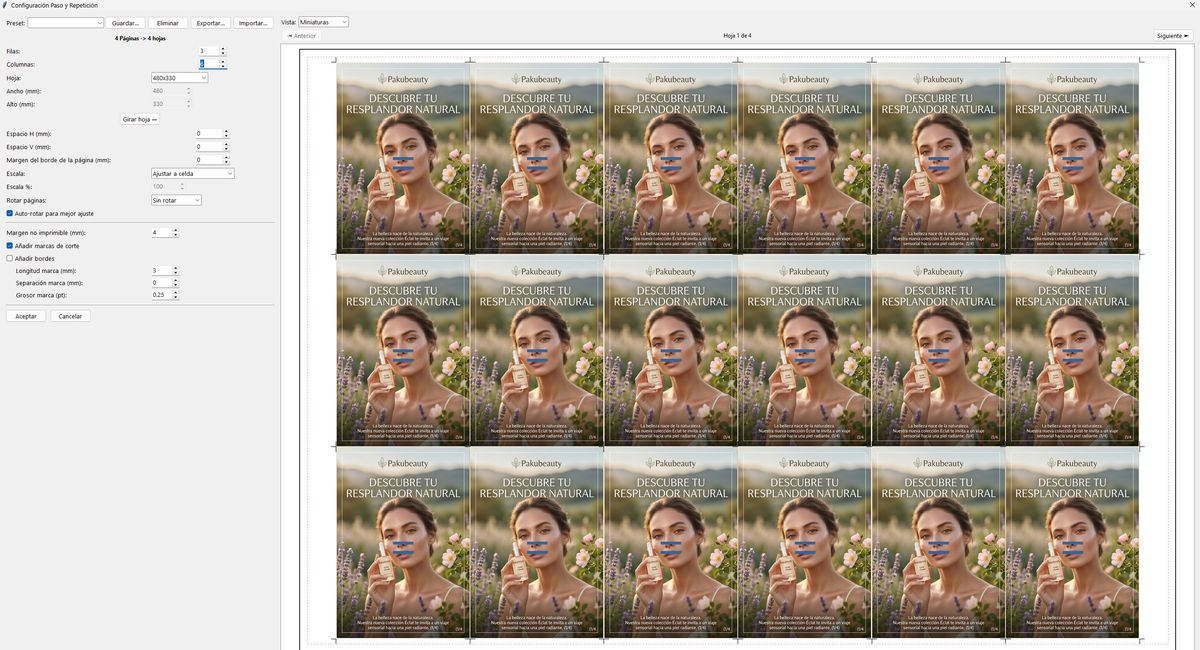 PDF step and repeat dialog with automatic nesting for cards and labels