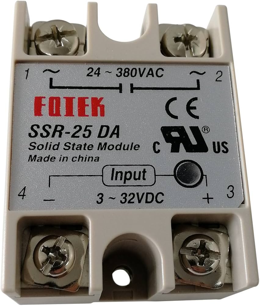 Relé de estado sólido Fotek SSR-25 DA: carga 24-380VAC en terminales 1-2, control 3-32VDC en terminales 3-4
