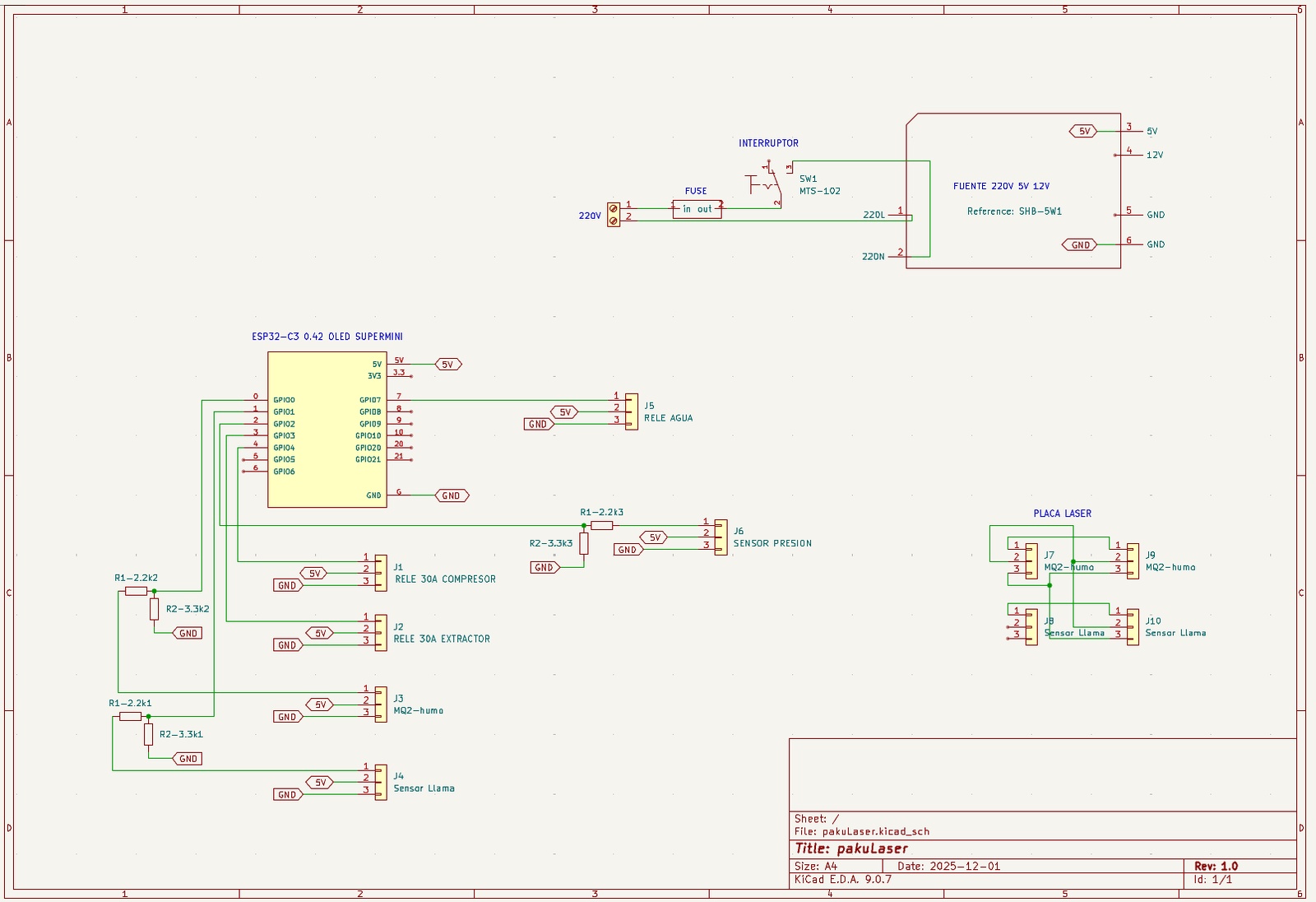 Esquema eléctrico del PakuLaser en KiCad: ESP32-C3 SuperMini, tres sensores con divisores resistivos, relés de compresor, extractor y señal agua, fuente SHB-5W1