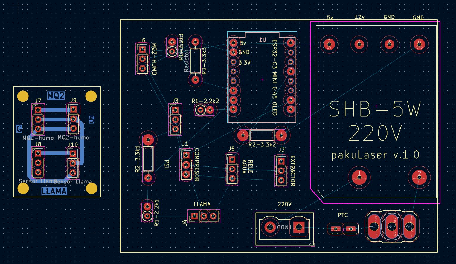 Layout de la PCB del PakuLaser en KiCad: placa principal con ESP32-C3 y fuente SHB-5W1, y placa auxiliar para sensores