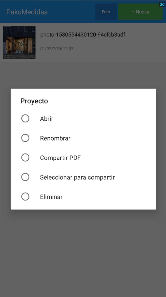 lista de proyectos y menu compartir PDF en PakuMedidas