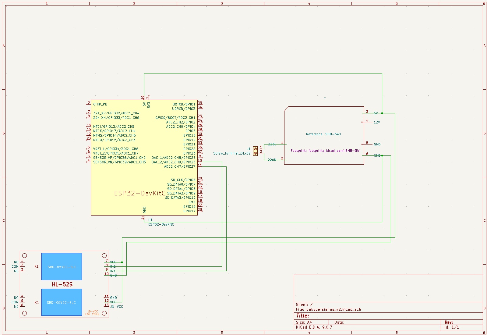 Captura del esquema KiCad del controlador de persiana PakuPersianas con ESP32 y módulo de relé doble