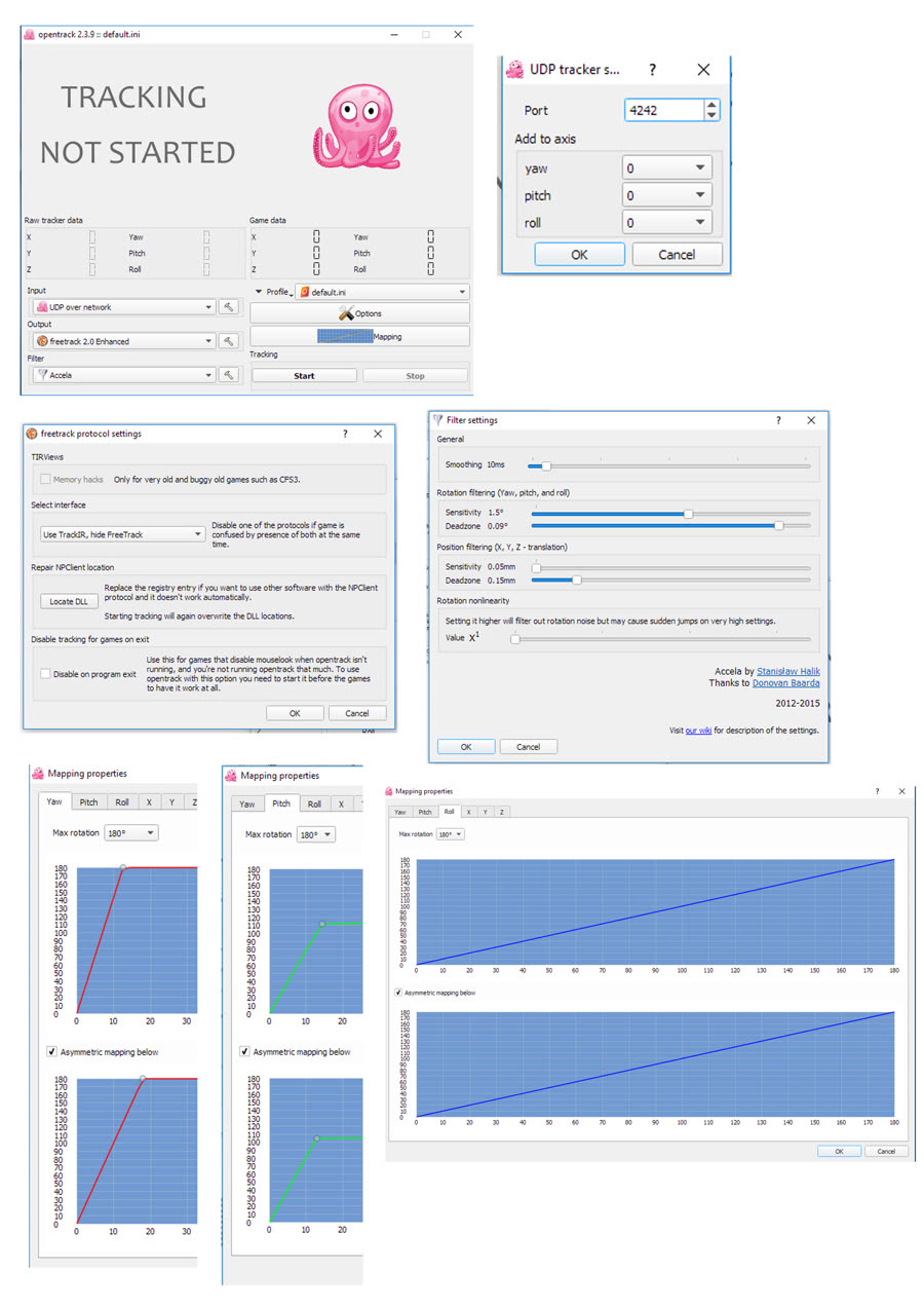 OpenTrack configurado para head tracker casero con ESP8266: ventana UDP, filtros y curvas de mapping