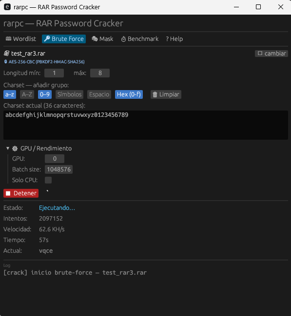 rarpc — GUI en modo Brute Force: charset configurado a 36 caracteres (a-z + 0-9 + hex), GPU/Rendimiento desplegado, ejecutando a 62,6 KH/s contra test_rar3.rar tras 57 segundos
