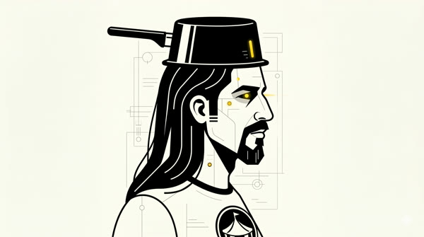 Ilustración del autor de coletas/taller: peludo, con cazuela en la cabeza y antena. Los ojos amarillos son un toque involuntariamente acertado.