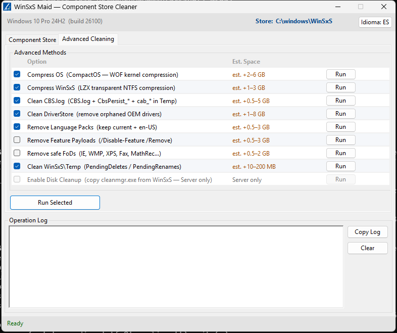 WinSxS Maid — pestaña Advanced Cleaning con los nueve métodos: Compress OS, Compress WinSxS, Clean CBS.log, Clean DriverStore, Remove Language Packs, Remove Feature Payloads, Remove safe FoDs, Clean WinSxS\Temp y Enable Disk Cleanup